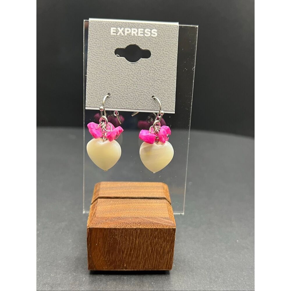 New Express White Pearlescent Heart w Hot Pink Accent Dangle Drop Earrings